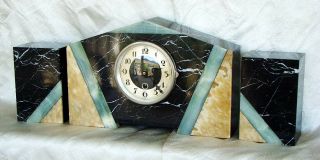 Antique Art Deco Era French Marble Old Mantel Clock & Bookend Garniture Set