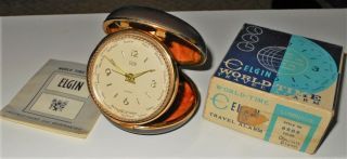 Antique Gold Elgin World Time Clock Travel Alarm Luminous 8989 Brown Case Boxed