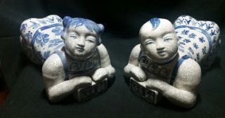 Pair Old Or Antique Chinese Porcelain Figurines Children Pillow Form