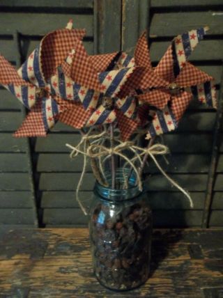 Gathering Of Primitive Handmade Americana Fabric Pinwheels - Patriotic/july 4th