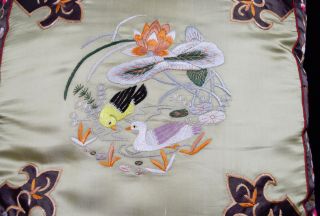 Vintage Chinese Export Embroidery Pillow Birds In Water 2