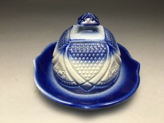 Antique Old Salt Glazed Stoneware Crockery Crock Blue Decorated Butter Dome Eapg