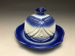 Antique Old Salt Glazed Stoneware Crockery Crock Blue Decorated Butter Dome EAPG 2