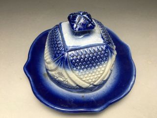 Antique Old Salt Glazed Stoneware Crockery Crock Blue Decorated Butter Dome EAPG 4