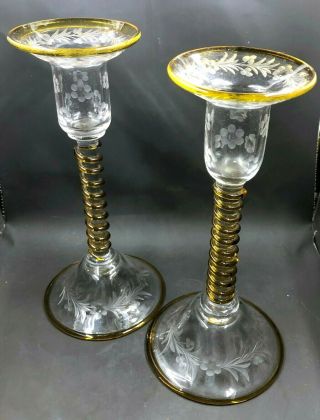2 Vintage Yellow Swirl Stem & Clear Crystal Candlesticks Floral Etchings 10 "