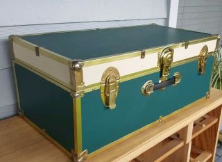 Vintage Antique Metal Steamer Travel Trunk Suitcase,  Key,  Lined,  Early - Mid 1900s