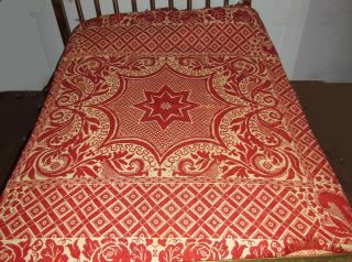 Antique Folk Art Red Woven Wool Coverlet Fringe Aafa