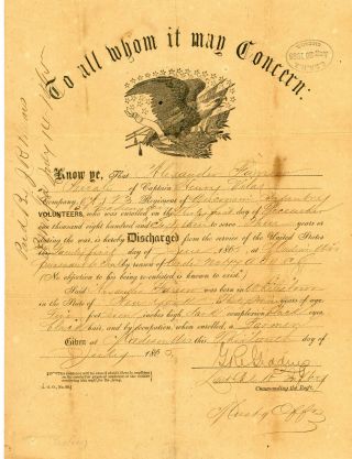 Civil War Discharge Alexander Farrow,  Co.  A 23 Wisconsin Inf.  1865