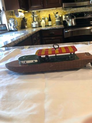 Antique Tin And Wood Wind Up Toy Excursion Boat Pre Ww2 Propeller