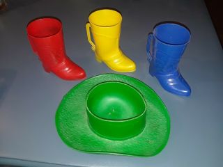 Vintage Red Yellow Blue Plastic Cowboy Boot Cups & Green Cowboy Hat Cereal Bowl