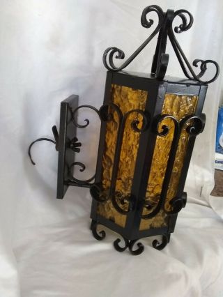 Vintage Mid Century Wall Hanging Porch Light Wrought Iron Black And Amber Glass