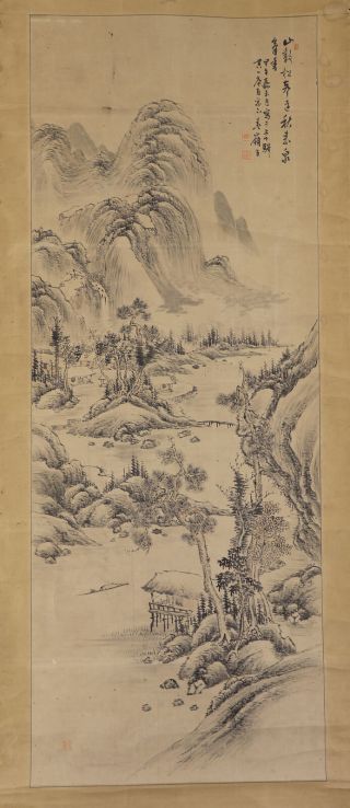Japanese Hanging Scroll Art Painting Sansui Landscape Asian Antique E7663