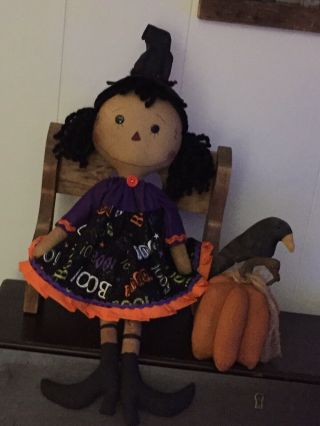 Primitive Folk Art Raggedy Ann Doll Gertrude Witch /3d Pumpkin Crow