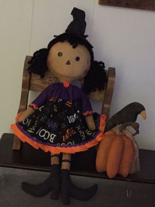 Primitive Folk Art Raggedy Ann Doll Gertrude Witch /3D Pumpkin Crow 2