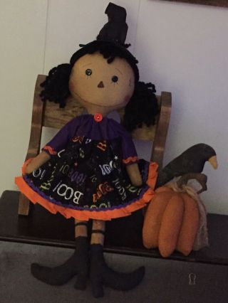 Primitive Folk Art Raggedy Ann Doll Gertrude Witch /3D Pumpkin Crow 3