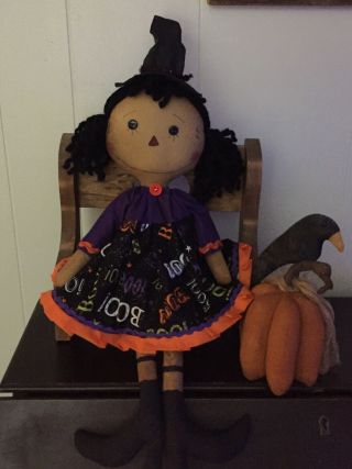 Primitive Folk Art Raggedy Ann Doll Gertrude Witch /3D Pumpkin Crow 4