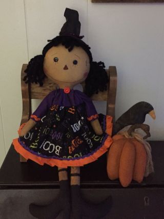 Primitive Folk Art Raggedy Ann Doll Gertrude Witch /3D Pumpkin Crow 5