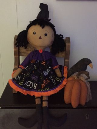 Primitive Folk Art Raggedy Ann Doll Gertrude Witch /3D Pumpkin Crow 6