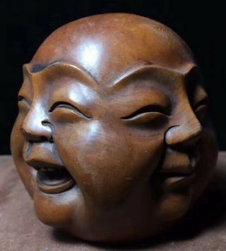 Collect China Handwork Boxwood Carve Happy Angry Sad Joyous Buddha Head Statue