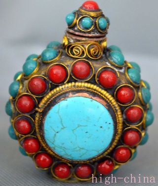 Old Tibet Collectable Souvenir Turquoise Coral Carve Bead Exorcism Snuff Bottle
