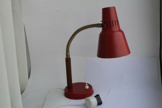 Vintage 1970s.  Lamp Danish Desk Brass Gooseneck Mahogany Wood