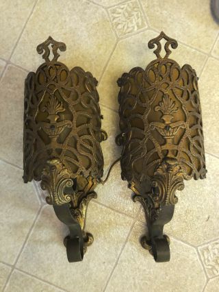 2 Vintage Brass Wall Sconces Sconce Electric Art Deco Lamp Urn W/ Flame