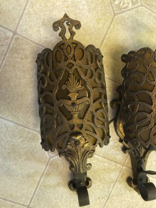 2 Vintage Brass Wall Sconces Sconce Electric Art Deco Lamp Urn w/ Flame 2