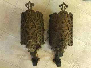 2 Vintage Brass Wall Sconces Sconce Electric Art Deco Lamp Urn w/ Flame 3