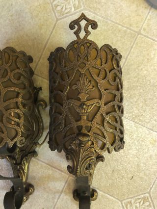 2 Vintage Brass Wall Sconces Sconce Electric Art Deco Lamp Urn w/ Flame 4