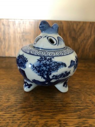 Chinese Porcelain Tripod Censer Marked Blue And White With Foo Dog Lid