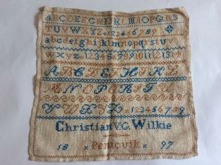 Antique 1897 Embroidery Sampler Abc’s Cross Stitch.  C.  Wilkie.  Penicuik Scotland