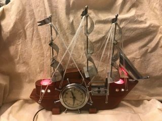 Vintage United Wooden Ship Electric Clock,  Metal Sails,  Red Lighted Night Light