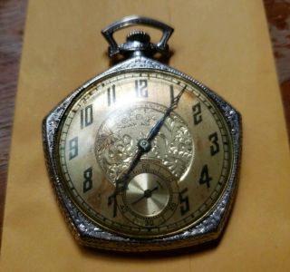 Gruen Verithin Pentagonal 14k Gold Filled 17j Pocket Watch - Ornate Silver Dial