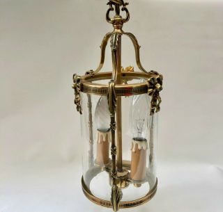 Vintage French Gold Coloured Brass Hall Porch Cylindrical Glass Ceiling Light