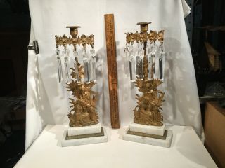 Fine Pair Antique Victorian Brass/bronze Girandoles Mantle Lusters Candlesticks