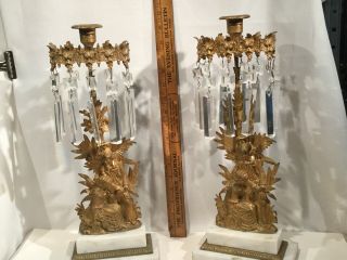 Fine Pair Antique Victorian Brass/Bronze Girandoles Mantle Lusters Candlesticks 2
