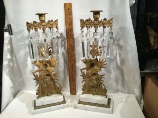 Fine Pair Antique Victorian Brass/Bronze Girandoles Mantle Lusters Candlesticks 7