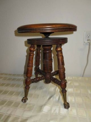 Antique Oak Piano Stool Turned Legs With Brass And Claw & Glass Ball