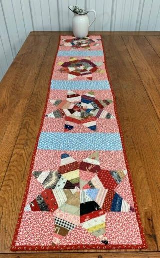 String Stars C 1900s Quilt Table Runner Assorted Prints 62 X 12 1/2 Vintage
