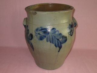 Antique 19th C Stoneware Flower Decorated Ovoid Pennsylvania 3 Gal Crock 12 7/8 "