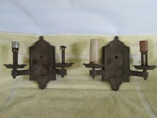 Gothic,  Tudor,  Rustic Iron Double - Lamp Wall Sconces,  Pair For Restoration