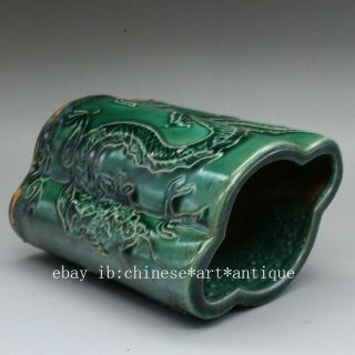 Chinese old hand - made green glaze porcelain dragon pattern brush pot c02 4