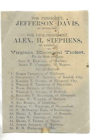 1861 Jefferson For President Of The Confederacy Paper Ballot