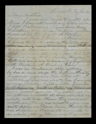 2nd Ohio Infantry Civil War Letter - Expecting A Battle Near Louisville Kentucky