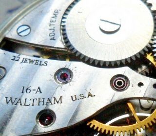 Rare 1943 Vintage Waltham 16 - A 22 Jewel 3 Adj.  16 Size Open Face Pocket Watch