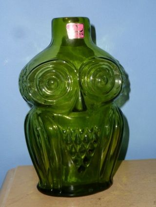 Vintage Mcm Mid Century Green Viking Art Glass Owl Decanter Bottle With Label