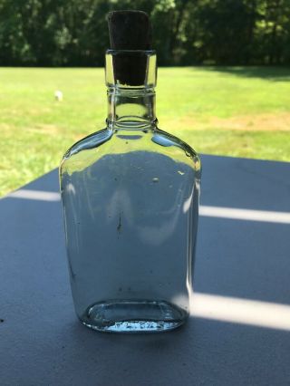 Antique Apothecary Bottle 7oz.  Clear Glass Whiskey Flask With Cork B28