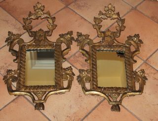 Antique Rococo Pair Hand Carved Wood Frames Mirrors Elaborate Scroll Foliate
