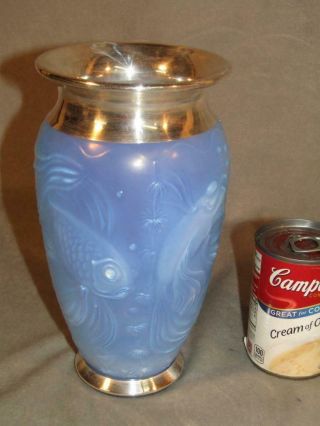 Exquisite 9 " French Opalescent Blue Art Glass Koi Fish Vase Silver Rim By Verlys