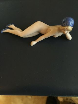 VTG.  1920 ' S ART DECO FLAPPER BISQUE BATHING BEAUTY w BLUE BATHING CAP,  FULL NUDE 2